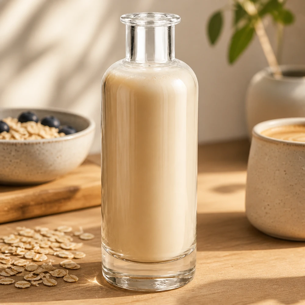 200ml Glasflasche Ella mit Hafermilch gefüllt auf Holztisch neben Haferflocken zeigt Verwendung für Pflanzenmilch