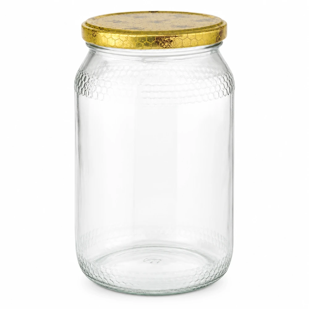 1260g Honigglas + BasicSeal Deckel Bienenwabe UNiTWIST 900ml Honigglas mit goldenem BasicSeal Deckel Bienenwabe Muster leer Imkereibedarf Honigverpackung