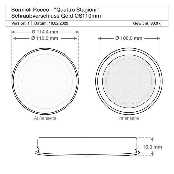 3000ml Rundglas "Quattro Stagioni" mit Deckel Technische Zeichnung Quattro Stagioni Schraubdeckel mit Maßangaben 114,4mm Durchmesser und 16mm Höhe
