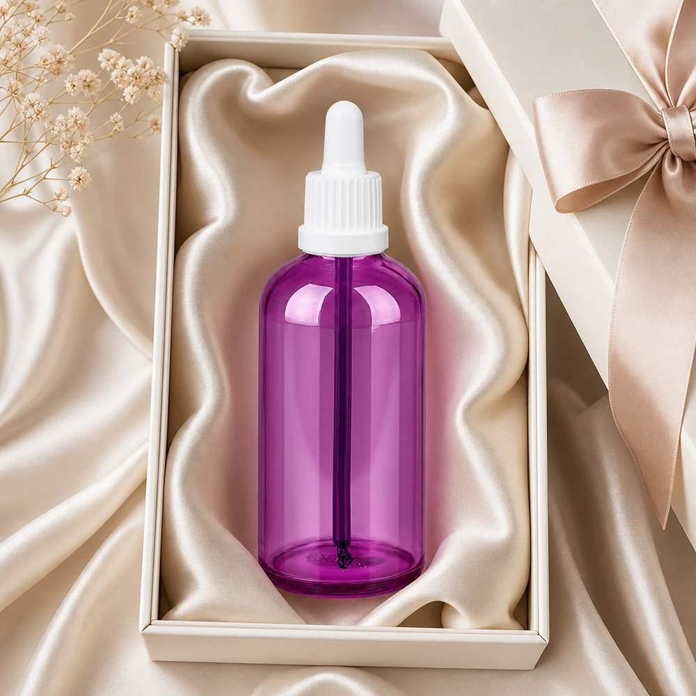 Premium 100ml Tropfflasche in Lila mit weißem Verschlusssystem für medizinische Anwendungen