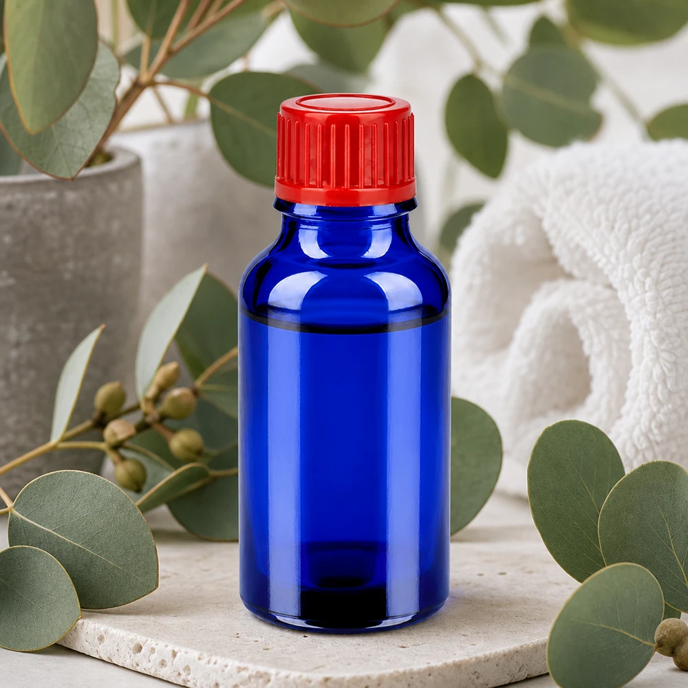 20ml Flasche 11mm Schraubverschluss rot Standard BlueLine UT18/20 Professionelle Glasflasche 20ml in Blau mit rotem 11mm Verschluss für gewerbliche Anwendung