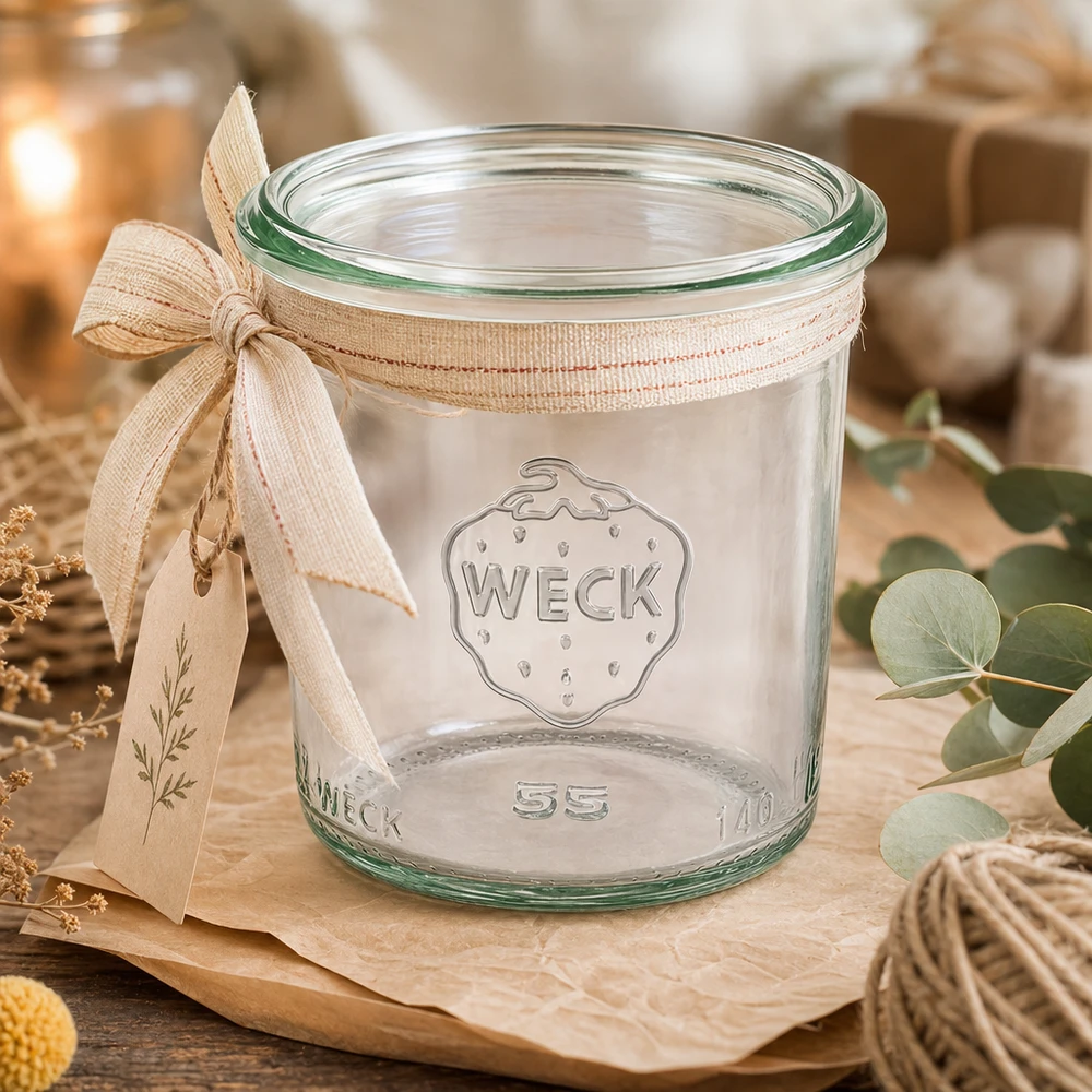140ml Sturzglas WECK RR60 140ml WECK Sturzglas RR60 mit Schleifenband auf Holzbrett, leeres Einmachglas für Marmelade und Konserven