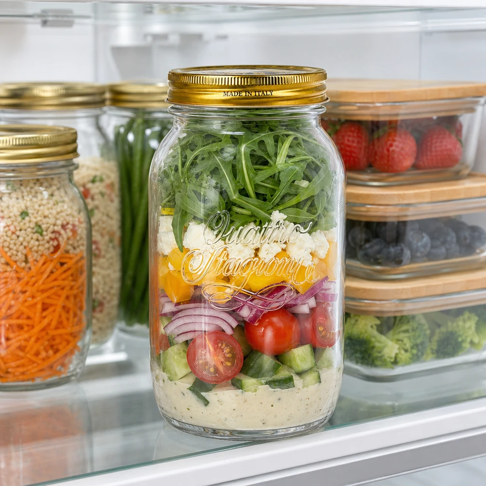 1500ml Rundglas "Quattro Stagioni" mit Deckel 1500ml Quattro Stagioni Einmachglas mit Schichtsalat gefüllt im Kühlschrank meal prep salatkonservierung