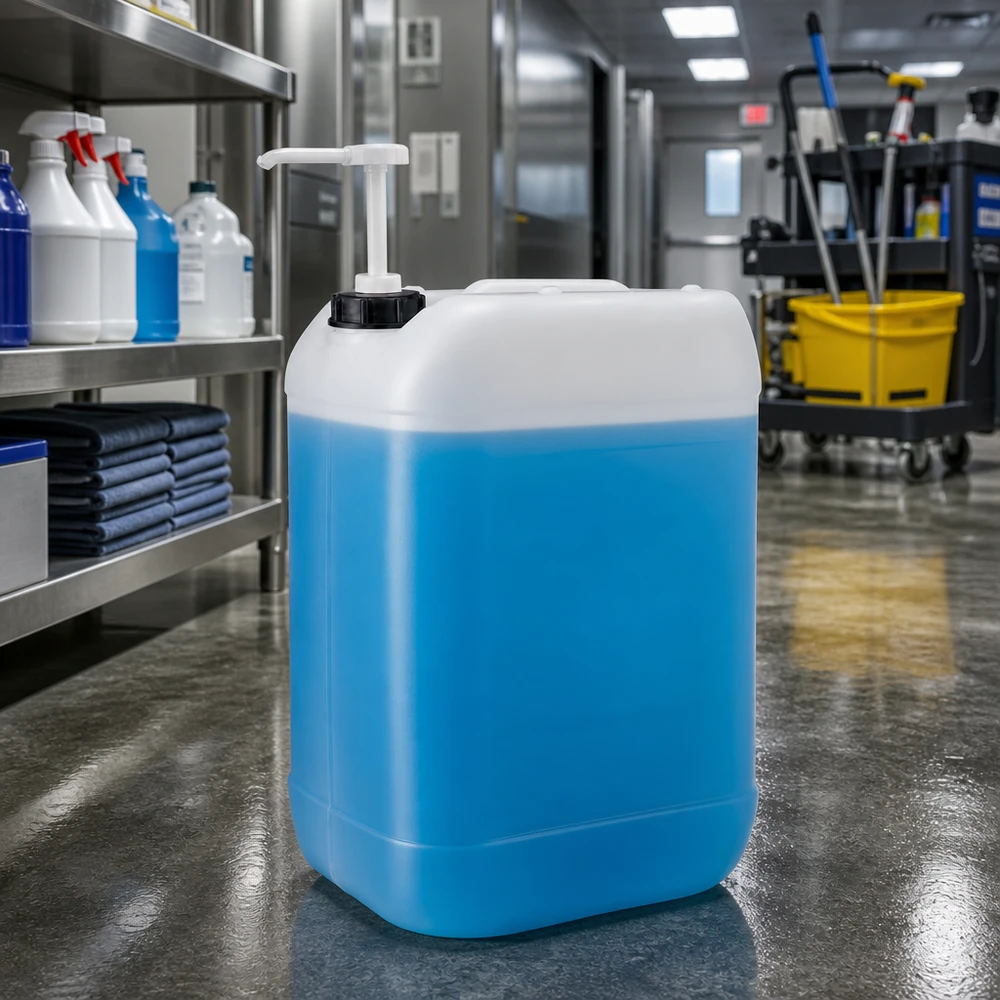 Kanister 25 Liter mit Dosierpumpe Gewerblicher Kanister 25L mit blauer Reinigungsflüssigkeit und schwarzem Pumpkopf
