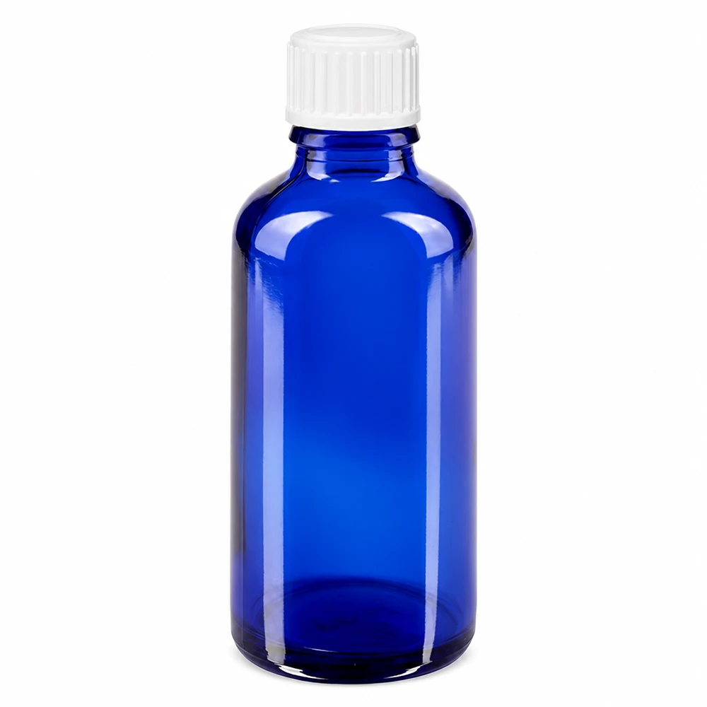 Pharmazeutische 50ml Flasche aus blauem Apothekerglas mit weißem Tropfverschluss 3mm Öffnung
