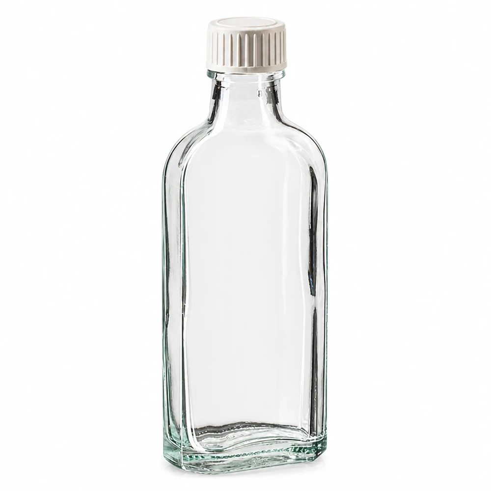 Meplat Schraubflasche 100ml Klarglas mit weißer Kappe und Schaumeinlage leer