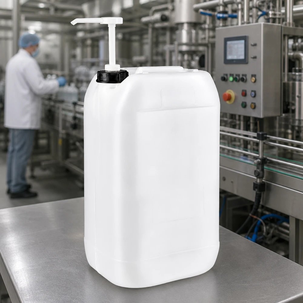 Kanister 15 Liter mit Dosierpumpe Robuster 15L Flüssigkeitsbehälter mit Pumpaufsatz vor moderner Industrieanlage mit Bedienpanel