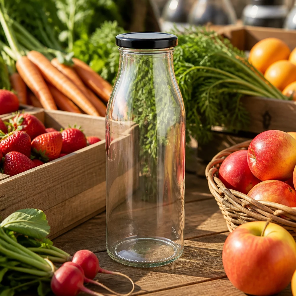 500ml Glasflasche + BasicSeal Deckel schwarz UNiTWIST 500ml Glasflasche mit schwarzem Deckel zwischen frischem Obst und Gemüse auf Holztisch Küchenszenerie
