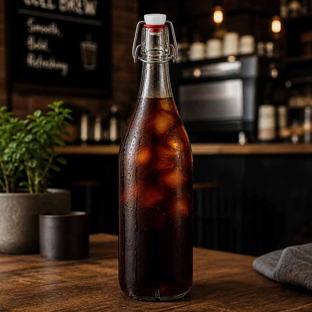 1000ml Glasflasche und Bügelverschluss PVC UNiTWIST 1000ml Glasflasche mit Bügelverschluss gefüllt mit Cola-Getränk auf Holztheke in stilvoller Café-Atmosphäre