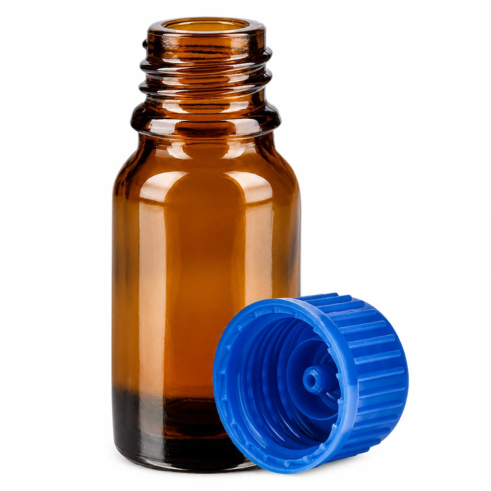 Professionelle 10ml Glasflasche braun mit sicherem blauen Schraubverschluss für Proben