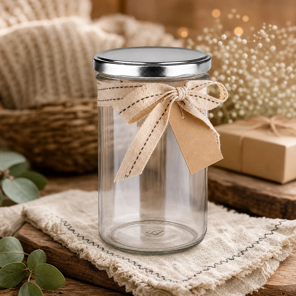 277ml Sturzglas mit BasicSeal Deckel silber UNiTWIST 277ml Sturzglas mit BasicSeal Deckel silber dekorativ mit Schleife Geschenkverpackung rustikale Holzoptik Ambiente