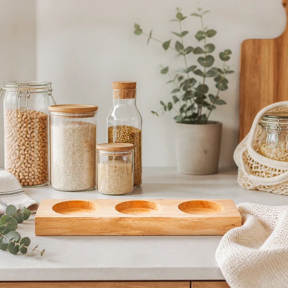 Servierbrett Plano3 für 3 WECK Sturzgläser Servierbrett Plano3 aus Bambus auf weißer Arbeitsplatte mit Vorratsgläsern und eucalyptus Deko im skandinavischen Küchen