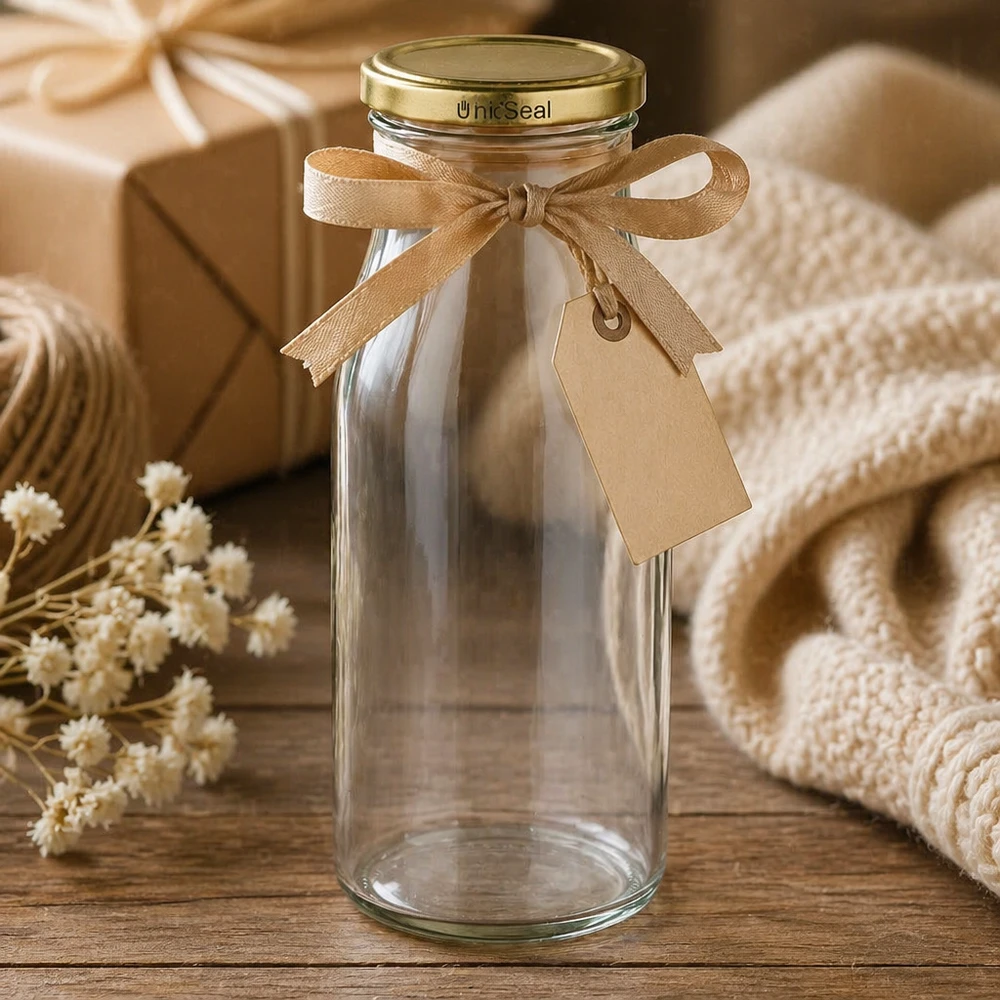 150ml Flasche mit BioSeal Deckel gold UNiTWIST UNiTWIST Glasflasche 150ml dekorativ präsentiert mit Schleifenband goldener BioSeal Deckel Geschenkidee Lifestyle