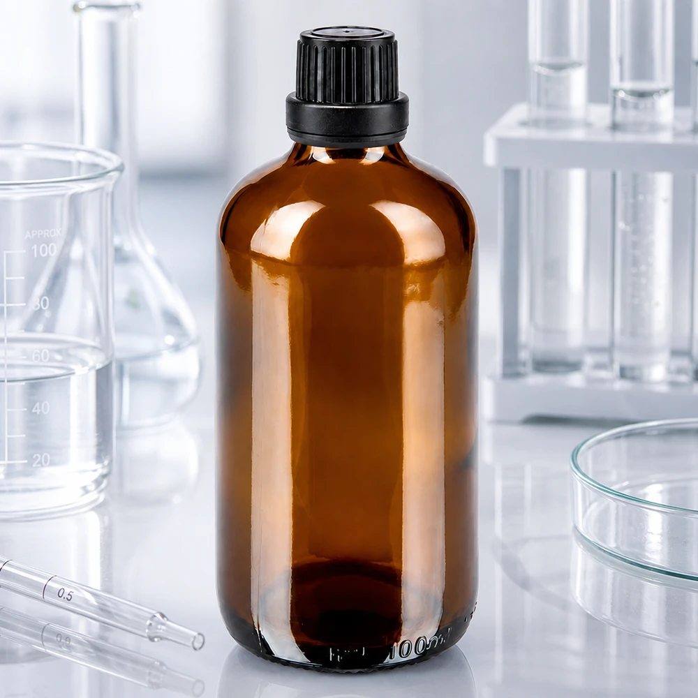 Apothekenflasche braun 100ml Schraubverschluss schwarz Dichteinlage Originalitätsverschluss Medizinische Braunglasflasche 100ml mit kindersicherem Schraubverschluss 11mm schwarz