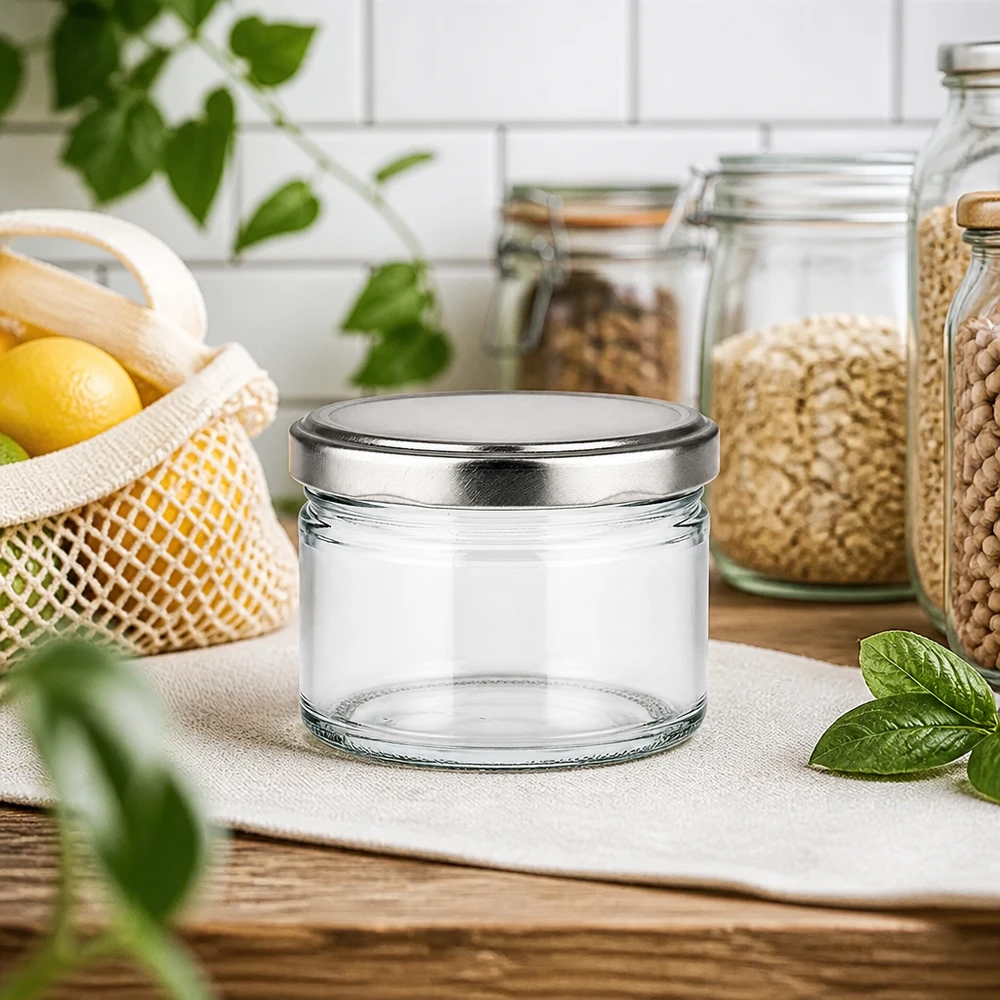 540ml Rundglas mit silbernem Deckel in moderner Küche, nachhaltiges Aufbewahrungsglas zwischen Vorratsgläsern