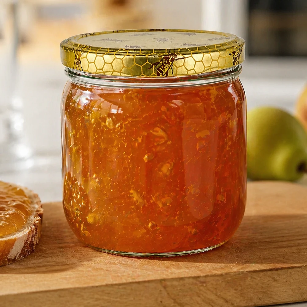 500g Honigglas mit Bienenwabe Deckel BasicSeal UNiTWIST 500g Honigglas mit Bienenwaben-Deckel gefüllt mit goldener Marmelade neben Brot und grünem Apfel auf Holzbrett