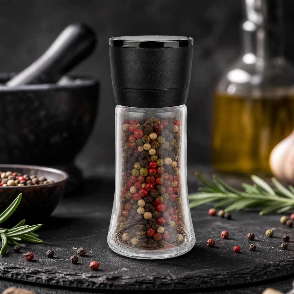 Gewürzglas mit integrierter Mühle Vario 95ml neben Olivenöl Knoblauch und Mörser in Küchenszene