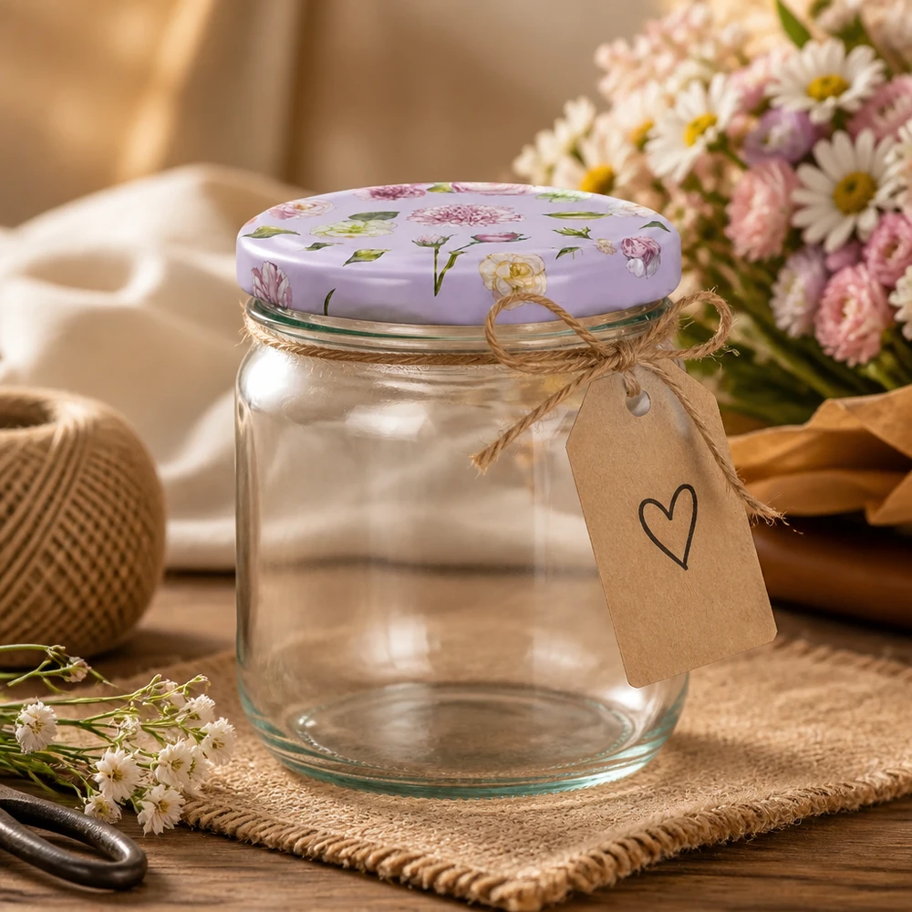 425ml Rundglas mit rosa Blumendeckel BasicSeal leeres Einweckglas Lifestyle-Aufnahme mit Blumen und Geschenkanhänger