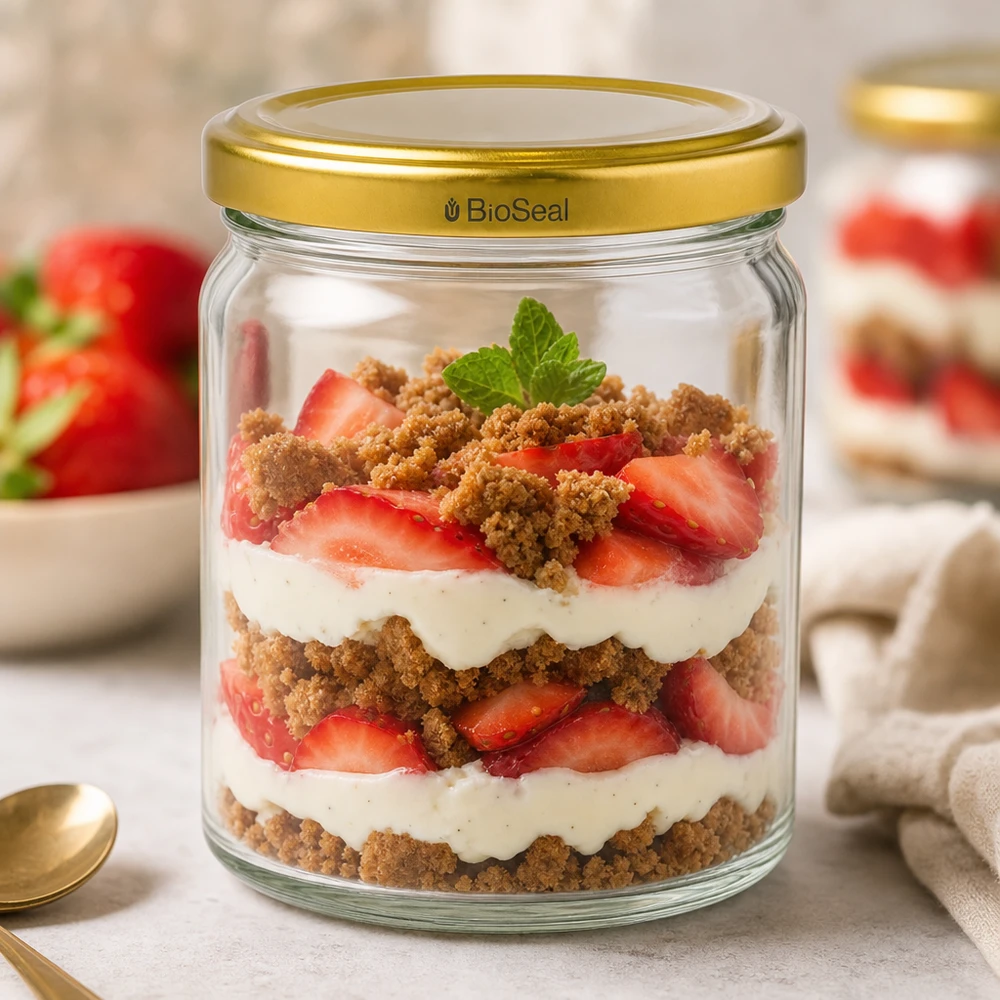 408ml Rundglas mit BioSeal Deckel gold UNiTWIST UNiTWIST Runda408 Dessertglas mit goldenem TO82 BioSeal Deckel für Erdbeer-Tiramisu Schichtdessert mit Sahne