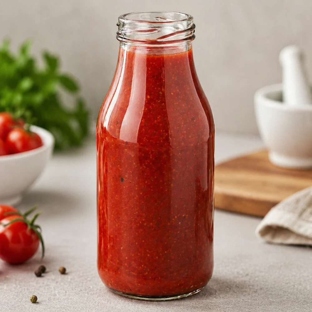 263ml Flasche ohne Deckel (TO43) UNiTWIST Elegante UNiTWIST Glasflasche 263ml mit roter Tomatensauce gefüllt in moderner Küche - perfekt für Saucen und Getränke