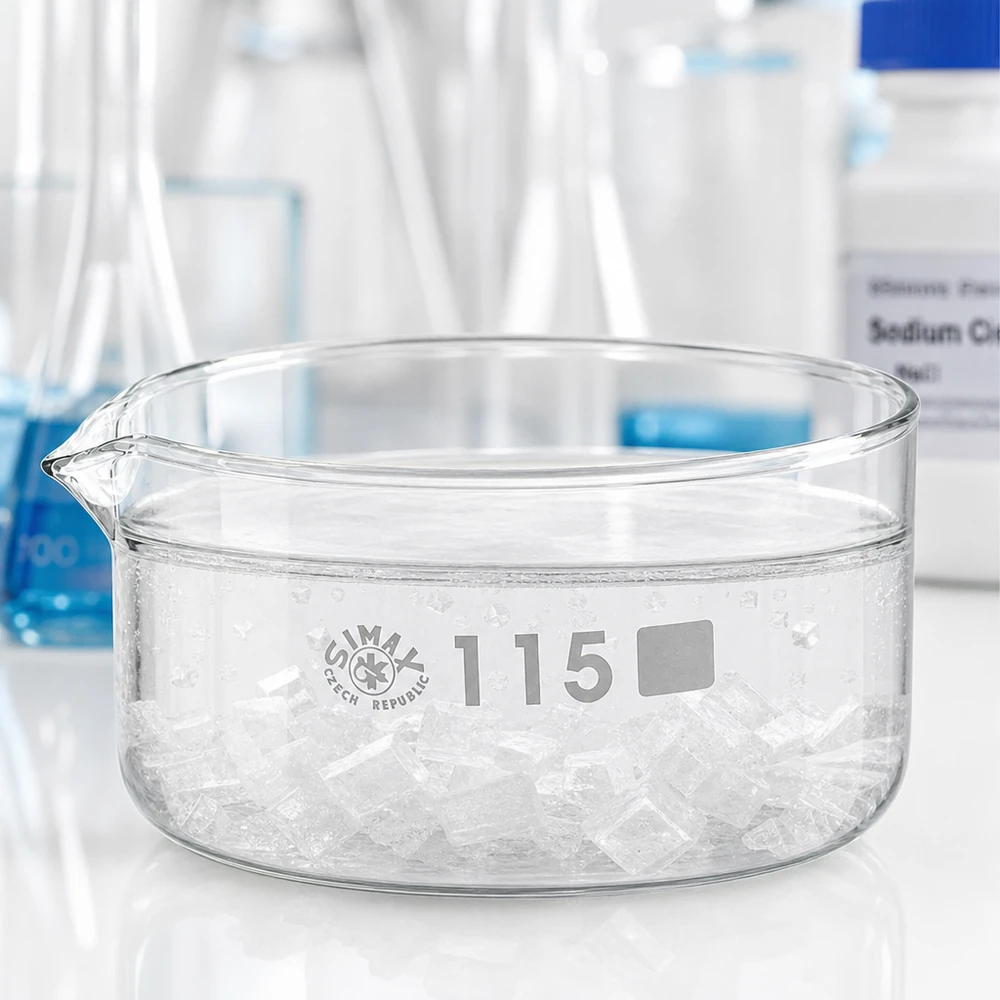 Niedrige Glasschale 500ml mit Ausguss und weißen Kristallen neben Natriumchlorid Behälter