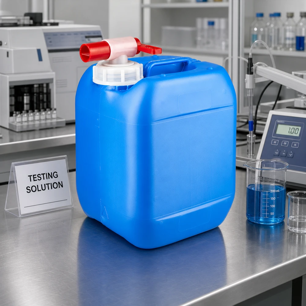 Kanister 5 Liter blau mit Auslaufhahn Blauer Stapelkanister 5 Liter mit Auslaufhahn zur sicheren Lagerung von Testlösungen