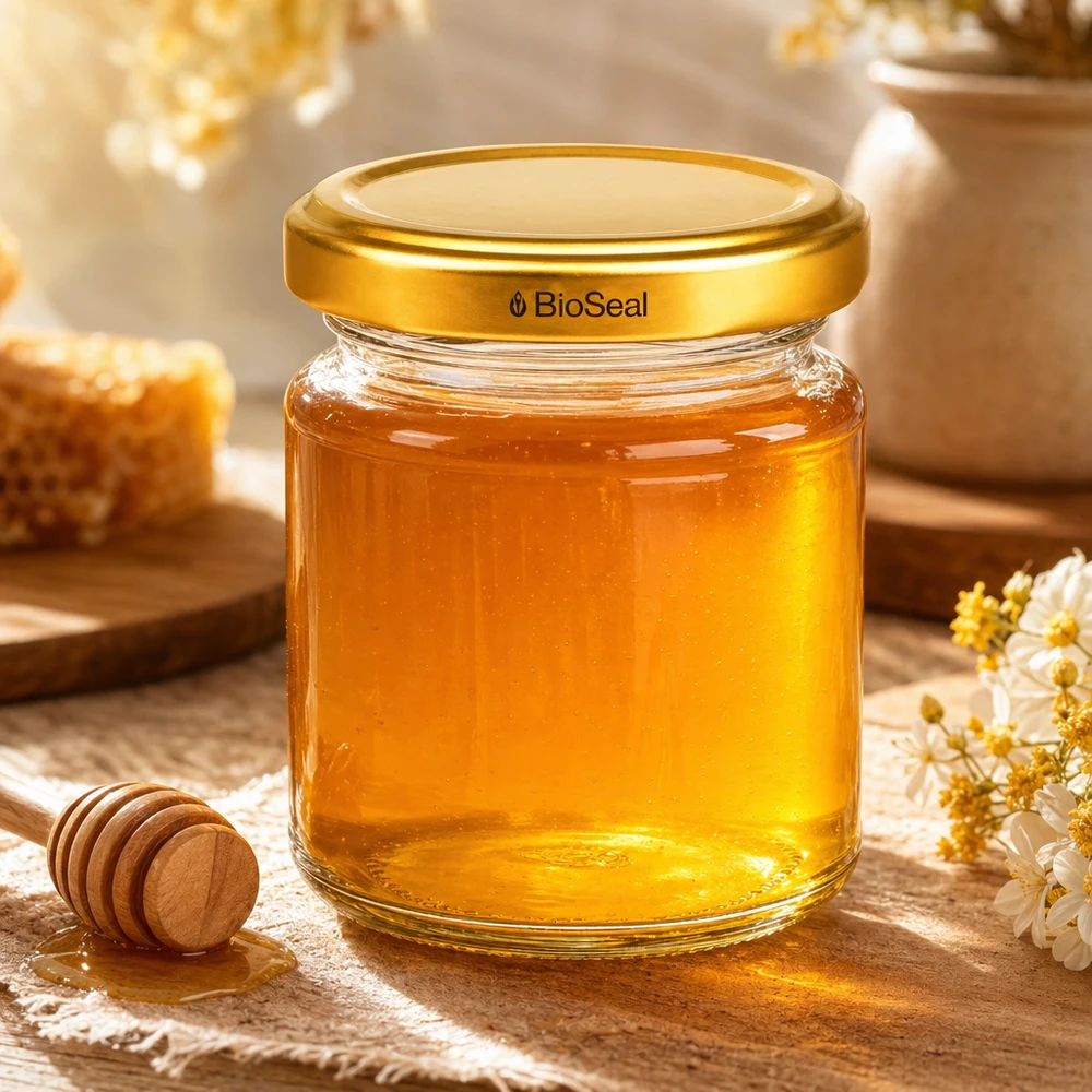 53ml Rundglas mit BioSeal Deckel gold UNiTWIST UNiTWIST Runda53 Honigglas mit goldenem TO43 BioSeal Deckel gefüllt mit Honig neben Honiglöffel und Blüten