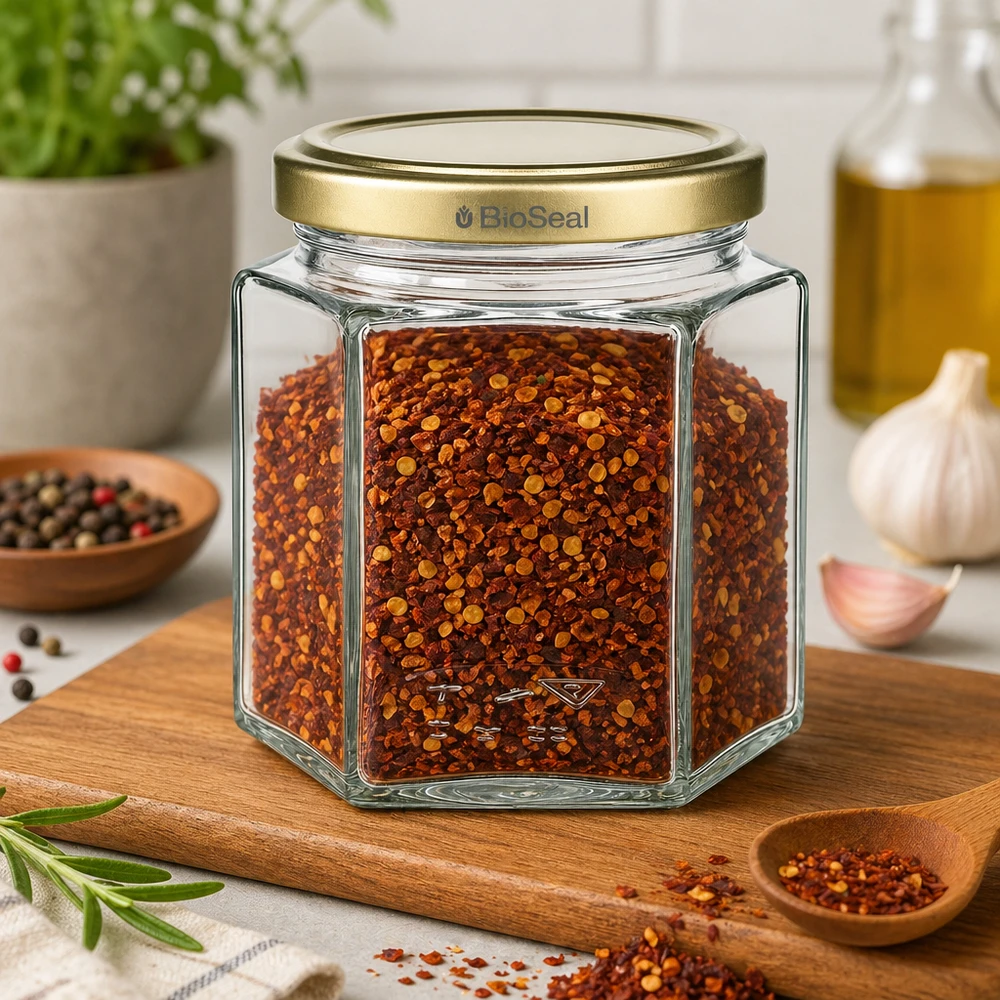BioSeal Honigglas 520g mit Chili-Flocken gefüllt zeigt vielseitige Verwendung für Gewürze und Vorratshaltung
