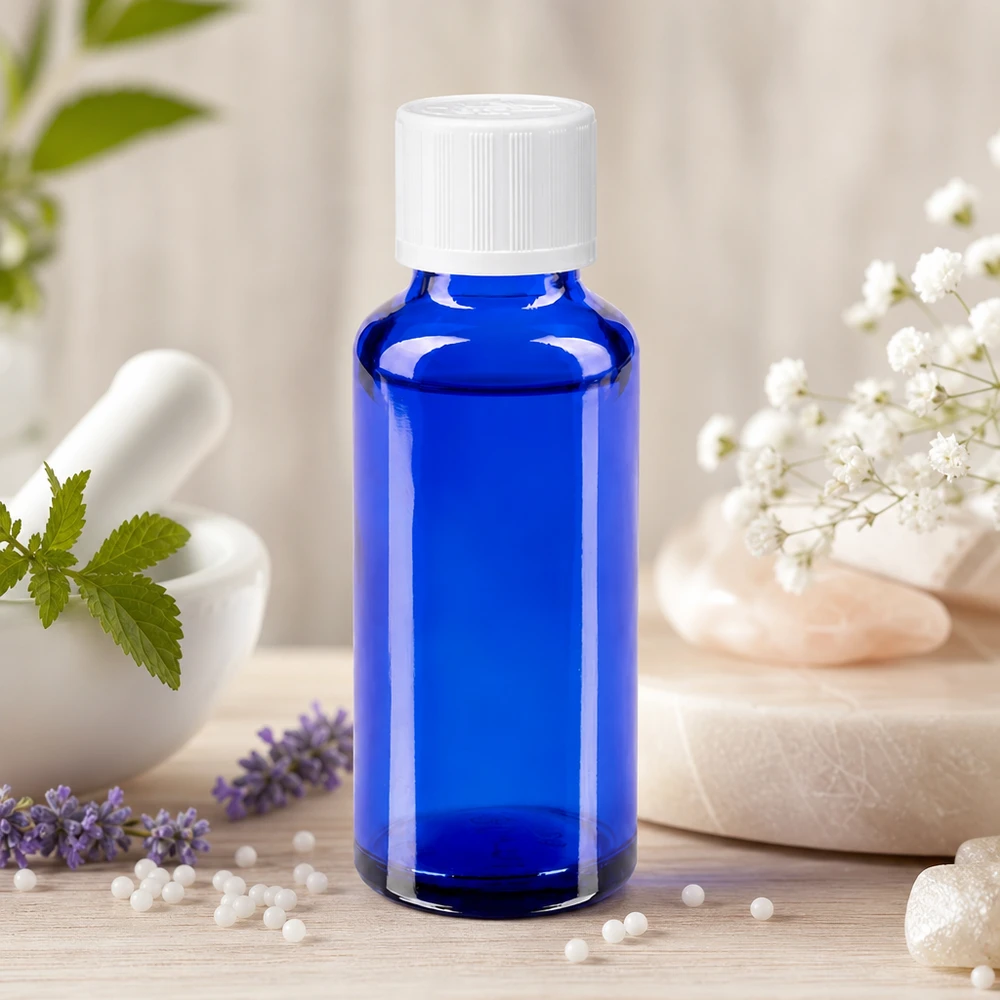 Medizinische Glasflasche 30ml in Kobaltblau mit weißem KiSi-Verschluss neben Homöopathiekügelchen