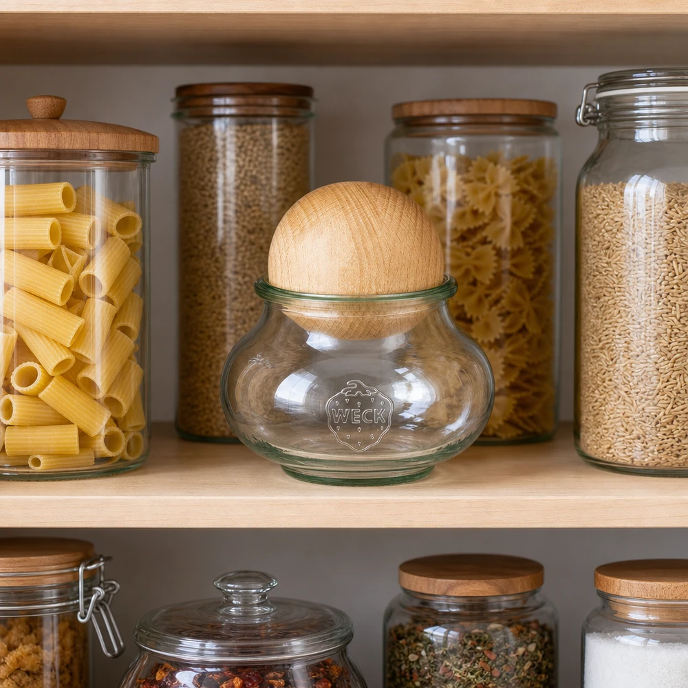 WECK Glas 560ml RR80 Buchenkugel Deckel in Vorratsschrank mit Nudeln Reis Linsen organisierte Küche Aufbewahrung