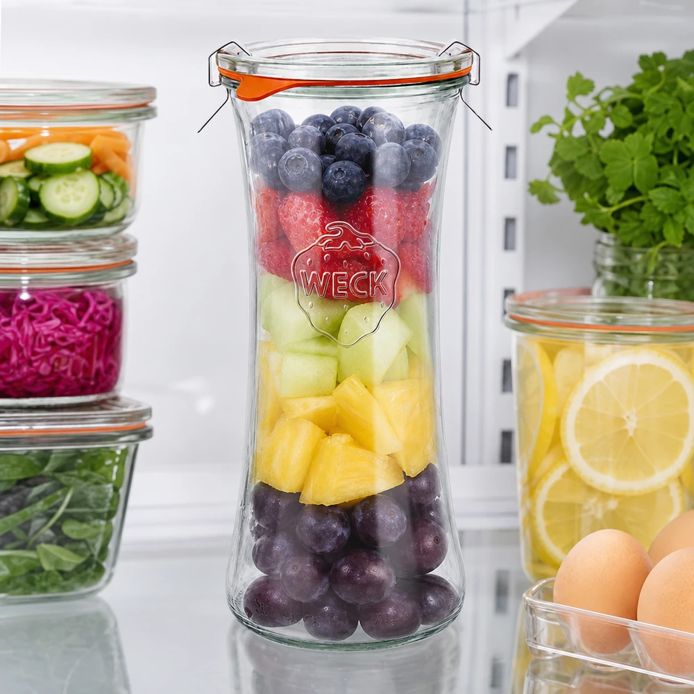 WECK Delikatessenglas 700ml RR80 mit buntem Obstsalat gefüllt, Bügelverschluss-Einmachglas für frische Früchte