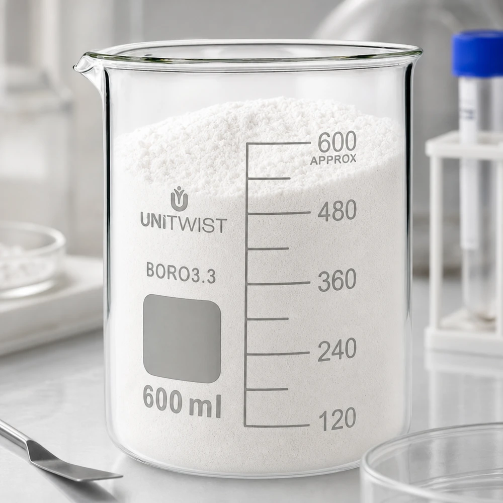 Becherglas 600ml Borosilikat, niedrige Form UNiTWIST UNiTWIST Becherglas 600ml mit weißem Pulver und Beschriftungsfeld aus Boro3.3 Borosilikatglas