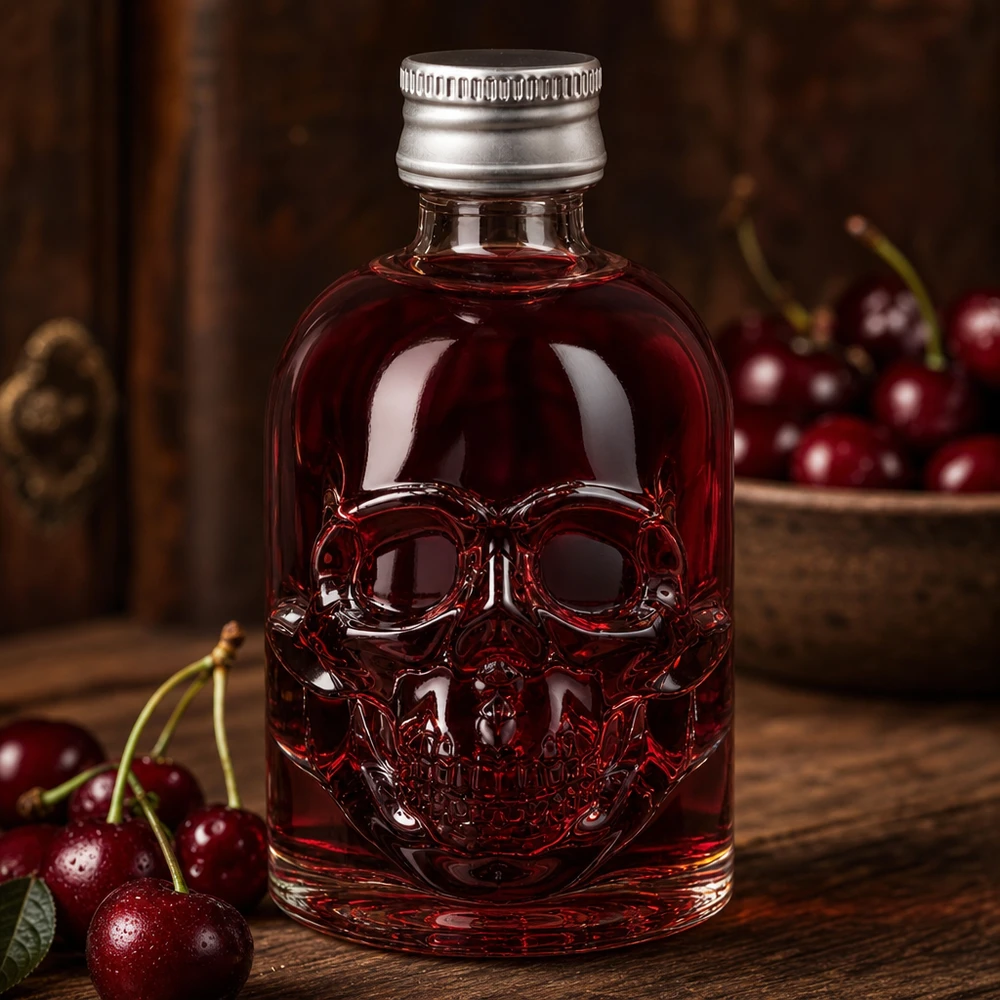 50ml Glasflasche "Hector" + Schraubverschluss silber UNiTWIS 50ml Glasflasche Hector mit roter Kirschflüssigkeit und silbernem Verschluss zwischen frischen Kirschen auf Holztisch