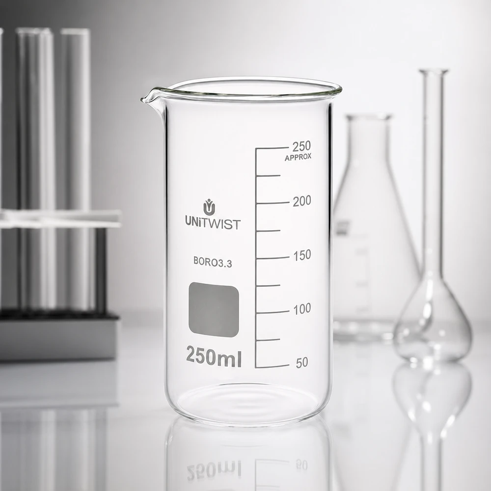 Professionelles Laborglas UNITWIST 250ml hohe Form mit Ausgießer und weißem Schreibfeld BORO3.3