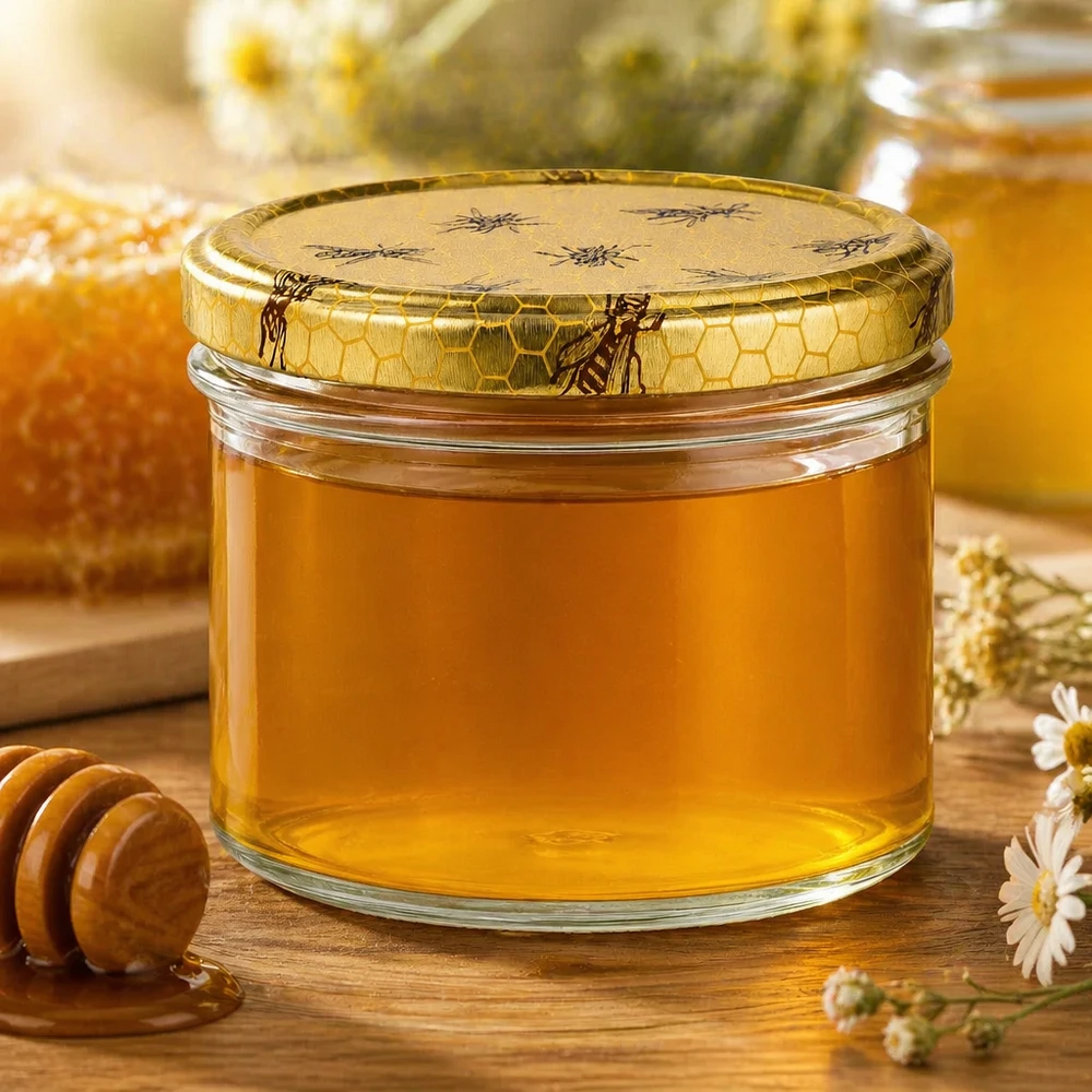 250g Honigglas mit Bienenwabe Deckel BasicSeal UNiTWIST 250g Honigglas mit Bienenwaben-Deckel gefüllt mit goldenem Honig neben Honiglöffel und Kamille-Blüten