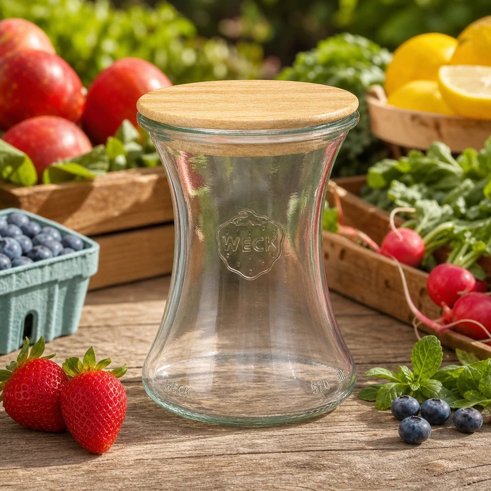 WECK Delikatessenglas 370ml RR80 mit Holzdeckel auf Holztisch zwischen frischen Erdbeeren Blaubeeren und Gemüse