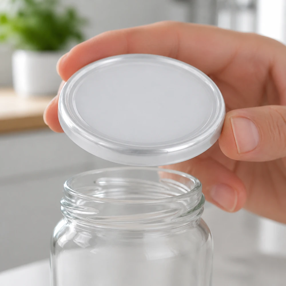 66mm BasicSeal Deckel TO66 UNiTWIST weiss mit geripptem Rand auf transparentem Glas