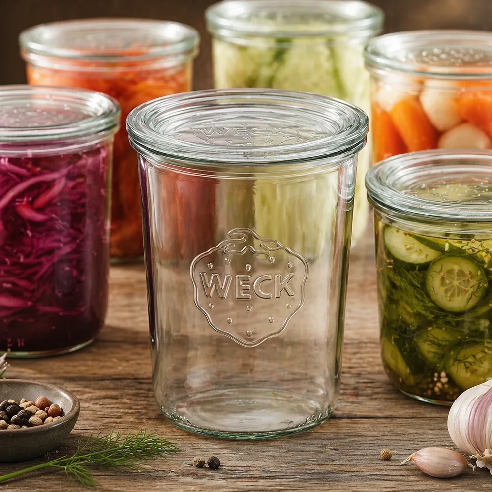 850ml Sturzglas mit Glasdeckel WECK RR100 WECK Sturzglas 850ml RR100 mit eingelegtem Gemüse und Gewürzen zeigt Einmachen und Fermentieren im Haushalt