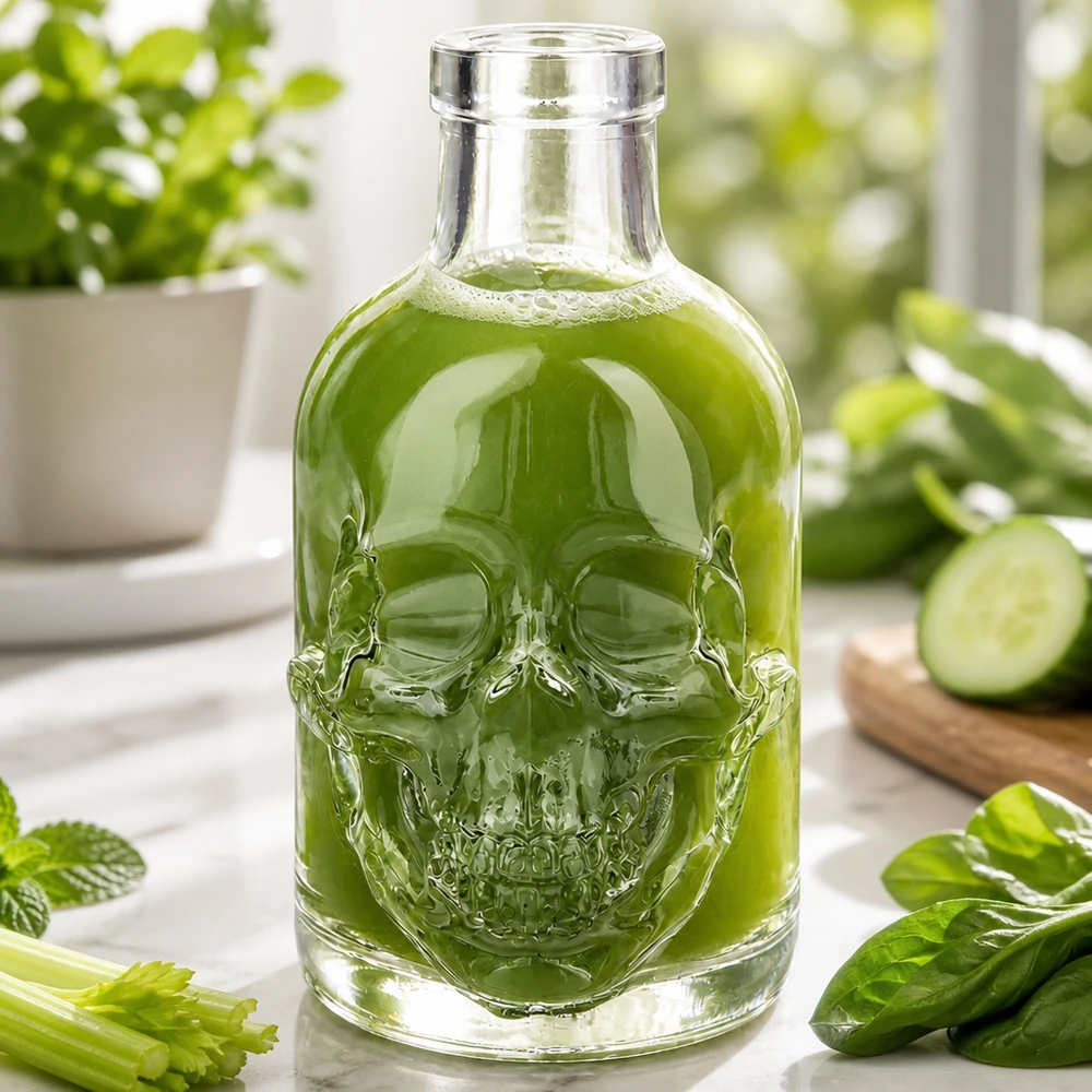 Totenkopf Glasflasche Jack 200ml mit grünem Smoothie befüllt umgeben von frischem Gemüse und Kräutern UNiTWIST