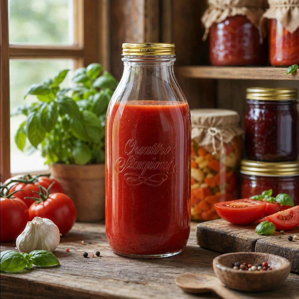 1000ml Glasflasche "Quattro Stagioni" mit Deckel Quattro Stagioni 1000ml Glasflasche mit Tomatensauce gefüllt in rustikaler Küche mit frischen Tomaten und Kräutern