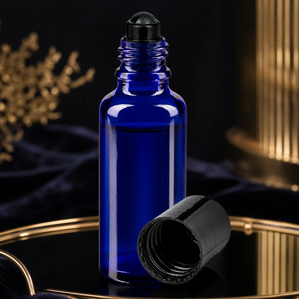 Apothekenflasche blau 30ml Roll-On Verschluss schwarz Hochwertige blaue Roll-On Flasche aus UV-Schutzglas 30ml mit schwarzem Applikator