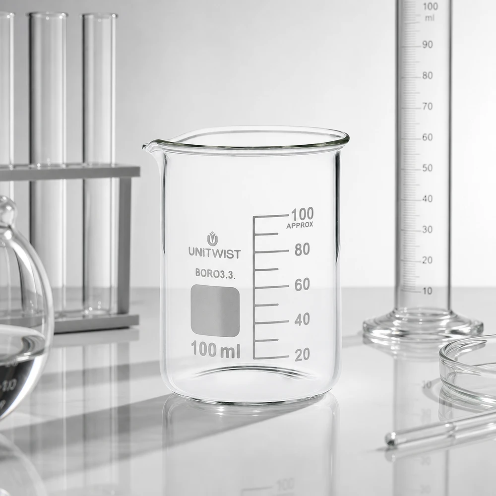 Becherglas 100ml Borosilikat, niedrige Form UNiTWIST Professionelles Laborbecherglas 100ml Borosilikat niedrige Form mit Schreibfeld für Labormarkierungen