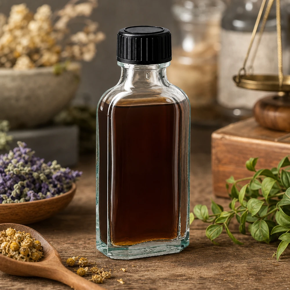 50 ml Meplat klar Schraubverschluss mit LKD-Dichtscheibe 50ml Flachflasche Glas klar mit Dichtscheibe neben Lavendel und Kamillenblüten