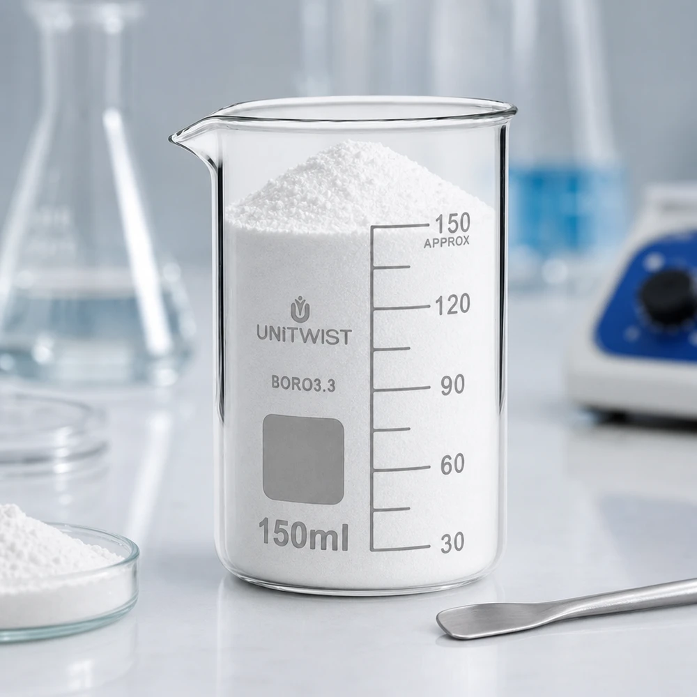 Becherglas 150ml Borosilikat, hohe Form UNiTWIST 150ml Laborglas UNITWIST hohe Form Borosilikat mit weißem Pulver und Erlenmeyerkolben im Hintergrund