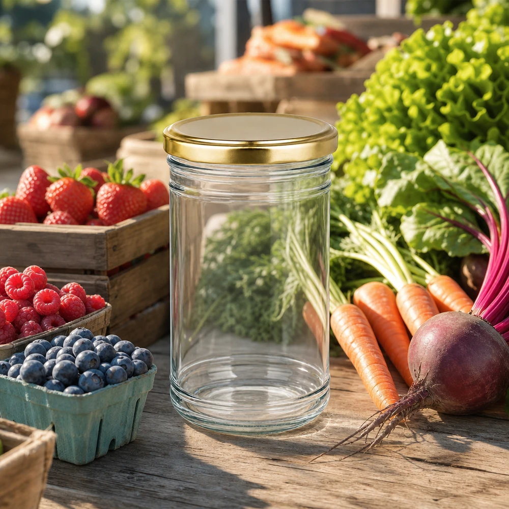 Leeres 1053ml Sturzglas mit goldenem Deckel auf Bauernmarkt zwischen frischem Gemüse und Beeren zum Einkochen