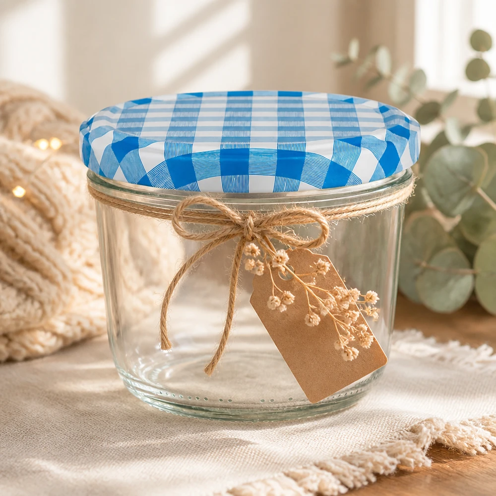 230ml Sturzglas mit blau-weißem BasicSeal Deckel dekoriert mit Juteschnur und Kraftpapier-Anhänger als Geschenkverpackun