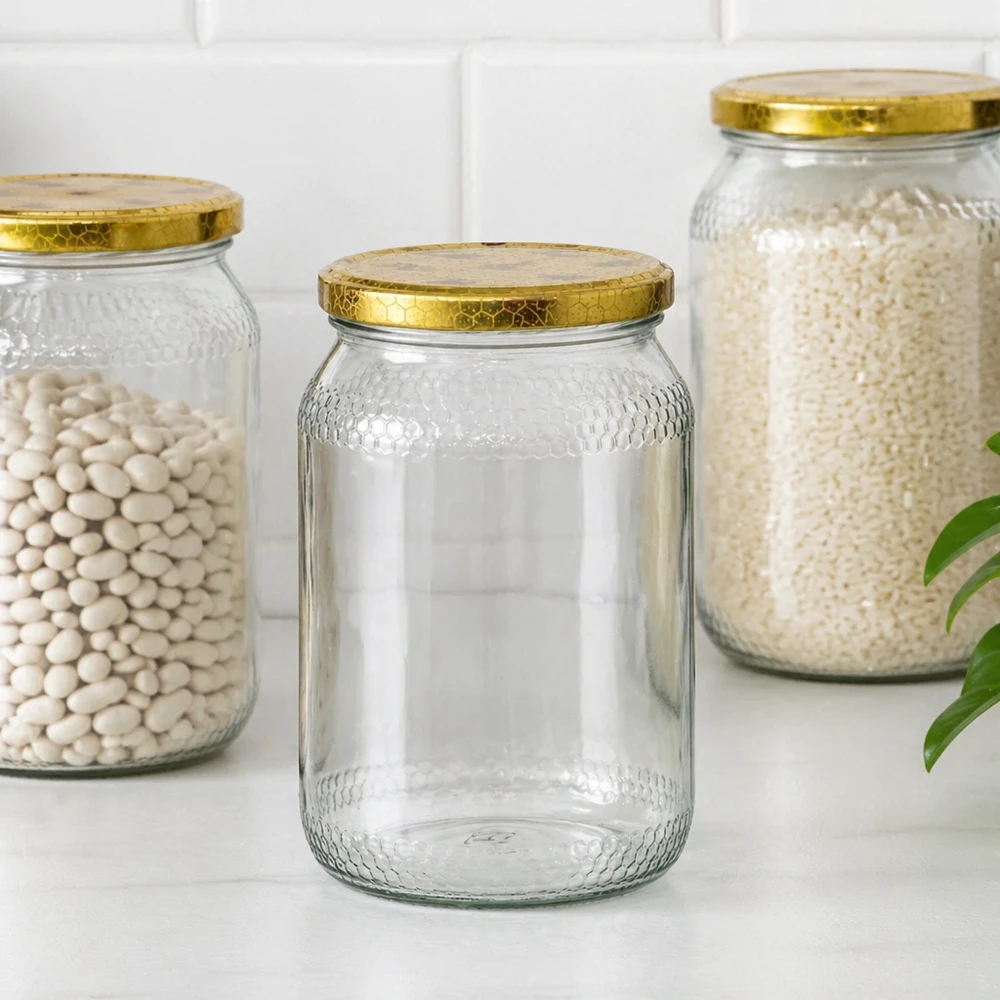 900ml Honiggläser mit BasicSeal Bienenwaben-Deckel als Vorratsgläser für Bohnen und Reis in Pantry organisiert