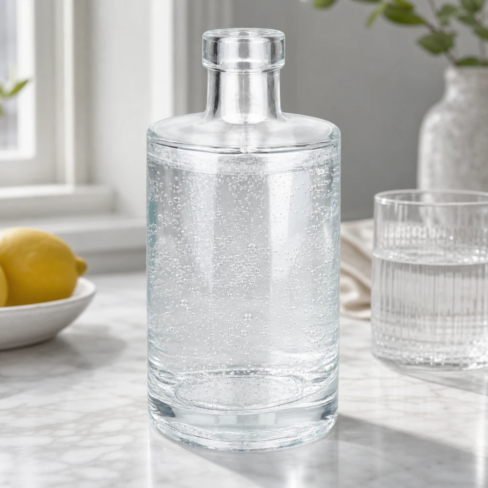 350ml Glasflasche "Marie" ohne Verschluss UNiTWIST 350ml Glasflasche Marie mit Sprudelwasser gefüllt neben Zitrone und Glas stilvolle Tischszene Bild 9 von 10