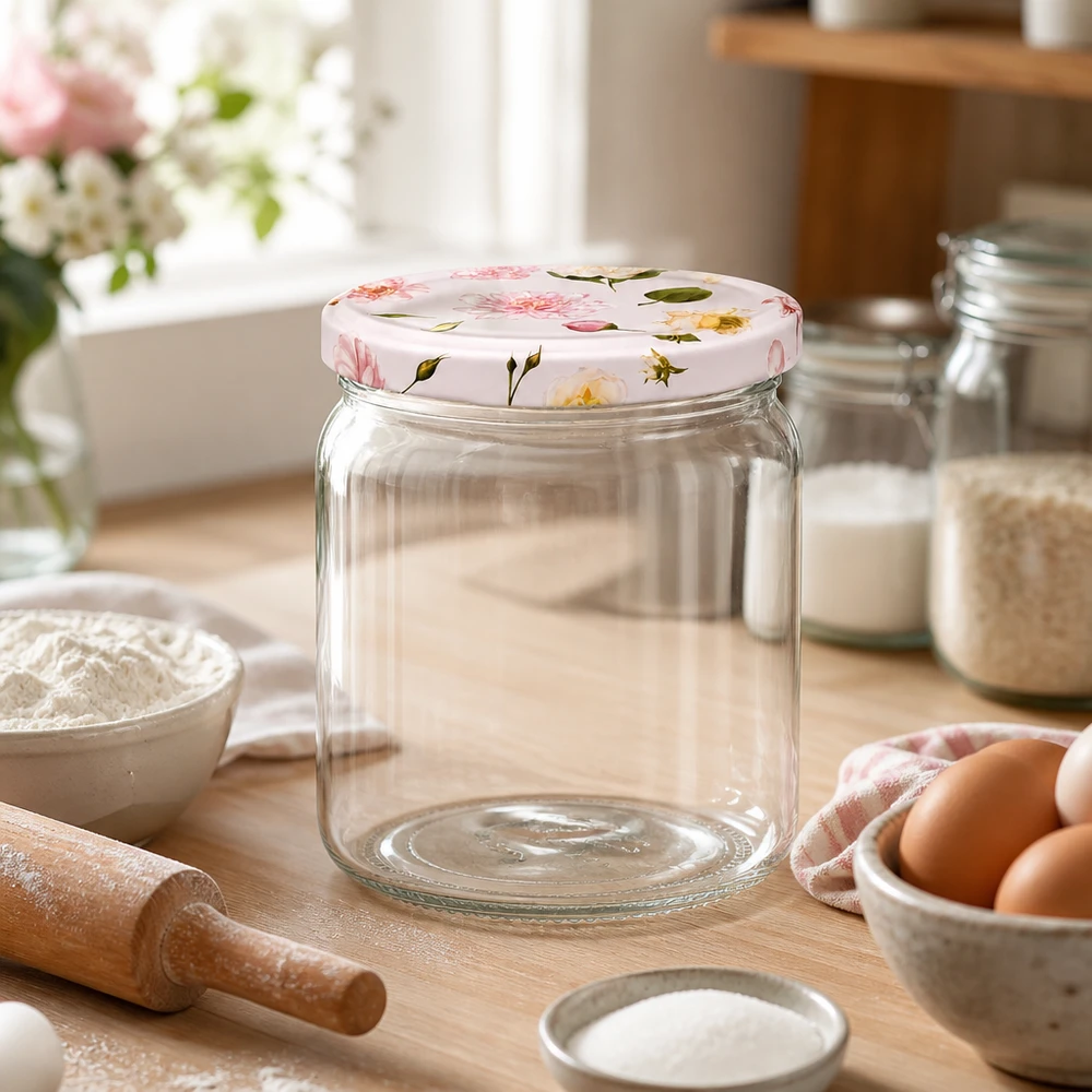 408ml Rundglas rosa Blumendeckel BasicSeal Küchenambiente Backzutaten Eier Mehl Nudelholz Vorratsglas Küchendeko