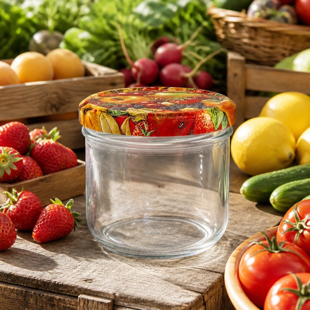 260ml Sturzglas + BasicSeal Deckel Obst-Dekor UNiTWIST Leeres 260ml Sturzglas mit Obst-Dekor Deckel umgeben von frischem Gemüse und Früchten auf Holztisch